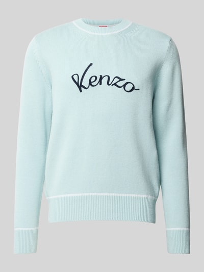 Produktfoto, Leinenpullover aus Leinen-Mix von Kenzo in Hellblau mit Kontraststreifen, Label-Stitching, gerippte Abschlüsse, lockere Passform, Rückenlänge Größe M 66 cm, Leinen-Baumwoll-Mix