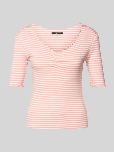 Produktfoto, T-Shirt mit Wellensaum von Zero in Rosa mit weißen Streifen, V-Ausschnitt, Slim Fit, Bio-Baumwoll-Elasthan-Mix.