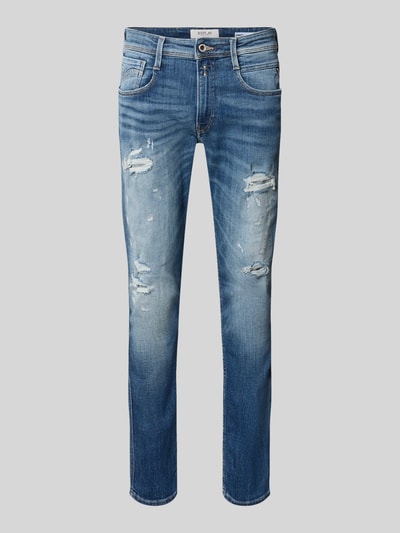 Produktfoto, Slim Fit Jeans im Used-Look Modell 'Anbass' von Replay, blauer elastischer Baumwoll-Mix, 5-Pocket, Knopf- und Reißverschluss, authentische Used-Effekte, Herren Jeans