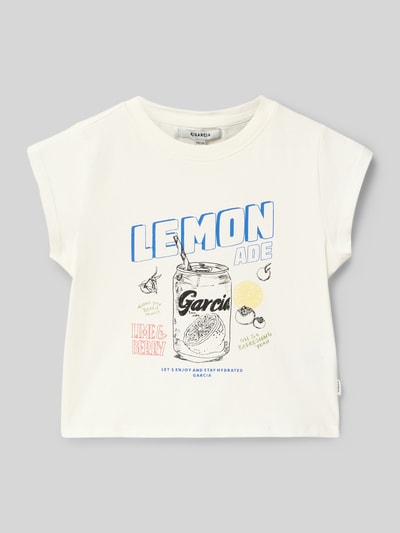 Produktfoto, Regular Fit T-Shirt mit Motiv-Print von Garcia, reine Baumwolle, Rundhalsausschnitt, heller Stoff mit buntem Print und Logo, Rückenlänge 36 cm bei Größe 140