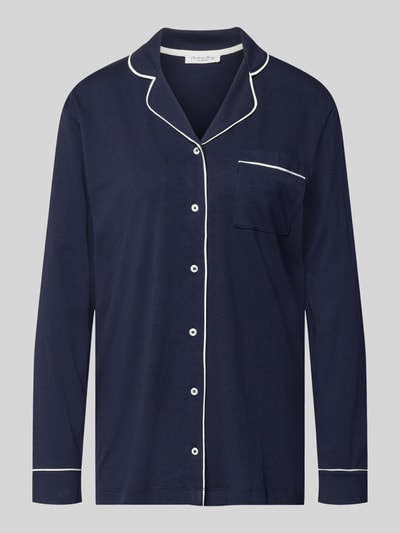 Produktfoto, Regular Fit Pyjama-Oberteil mit Brusttasche von Christian Berg Woman, Damen, dunkelblau mit weißen Paspeln, Baumwoll-Modal-Mix, Reverskragen, langärmelig, durchgehende Knopfleiste, glatte Oberfläche