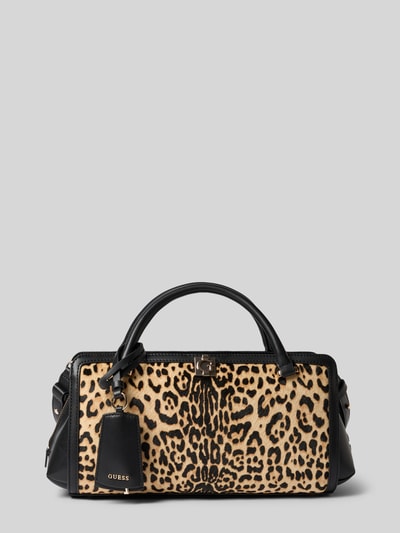 Produktfoto, Shoulder Bag aus echtem Rindsleder Modell 'Audrey' von GUESS mit Animal-Print, Logo-Detail, schwarzen Akzenten auf hellem Grund.