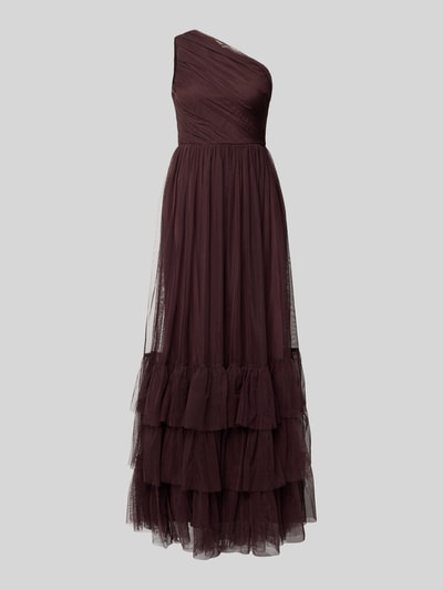 Produktfoto, Maxikleid im One-Shoulder-Look von LACE & BEADS in dunklem Braun, Mesh, A-Linie, Stufen-Look, feine Textur auf einfarbigem Hintergrund