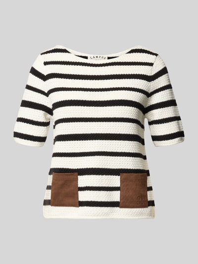 Produktfoto, Strickshirt mit aufgesetzten Taschen od Oui, mieszanka materiałów z dodatkiem streczu, krój regular fit, okrągły dekolt, nakładane kieszenie, detal z logo, długość tyłu w rozmiarze 36: 52 cm, długość rękawów: 27 cm, czarne i białe paski, prosty fason, lekko fakturowana powierzchnia