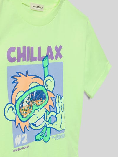 Produktfoto, T-Shirt mit Motiv-Print und Rundhalsausschnitt von BILLIEBLUSH in Hellgrün, Motiv mit buntem Print, Reine Baumwolle, Regular-Fit, Rückenlänge bei Größe 116: 45 cm.