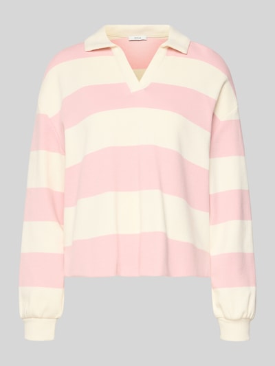 Produktfoto, Sweatshirt mit Umlegekragen Modell 'Glocki' von OPUS, rosa-weiße Blockstreifen, Baumwoll-Elasthan-Mix, gerade Form, elastische Abschlüsse