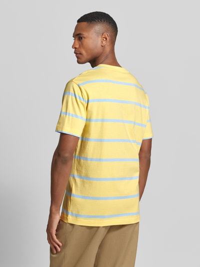 Männermodel trägt Regular Fit T-Shirt mit Logo-Stitching von Gant in Gelb mit blauen Streifen aus reiner Baumwolle, Ganzkörperansicht Rückansicht.