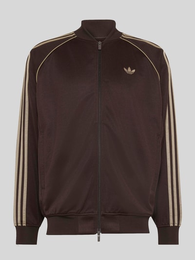 Produktfoto, Relaxed Fit Sweatjacke mit Zweiwege-Reißverschluss von adidas Originals in Dunkelbraun mit beigen Streifen und glatter Textur