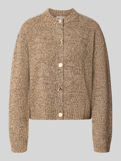 Produktfoto, Relaxed Fit Strickjacke aus reiner Wolle in Strick-Optik von Christian Berg Woman, beige meliert, gerippte Abschlüsse, goldene Knöpfe, langärmelig, weiche Stricktextur