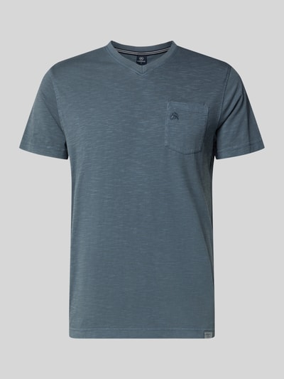 Produktfoto, Regular Fit T-Shirt mit V-Ausschnitt von Lerros in Blau, aus reiner Baumwolle, Brusttasche, Logo-Stitching, Rückenlänge 68 cm