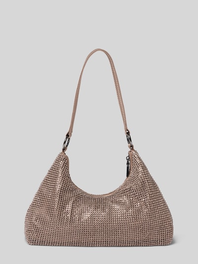 Produktfoto, Shoulder Bag mit Strassstein-Besatz von GUESS in Beige, funkelnde Oberfläche, sichtbares Logo, Maße laut Kontext