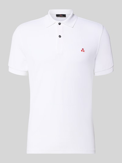 Produktfoto, Regular Fit Poloshirt mit Stitching Modell 'PLANTAGO' von Peuterey, weiß, kurze Ärmel, strukturierter Material-Mix mit Stretch-Anteil, Polokragen, Knopfleiste, rote Logostickerei auf der Brust, Rückenlänge bei Größe M 71 cm.