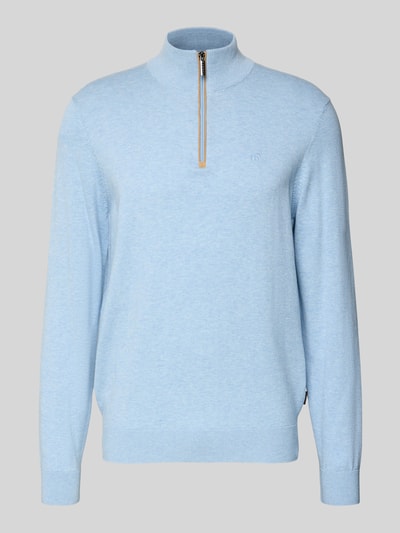 Produktfoto, lichtblauwe Strickpullover mit Stehkragen van bugatti, katoen, regular fit, geribde boorden, korte rits, herenkleding