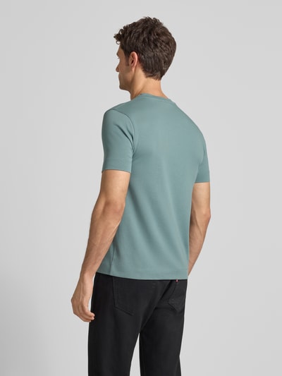 Männermodel trägt T-Shirt mit Label-Stitching und Rundhalsausschnitt von Emporio Armani in Hellgrün, Slim Fit, reine Baumwolle, Ganzkörperansicht Rückansicht.