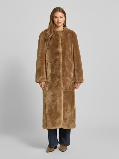 STAND STUDIO Lange jas van imitatiebont met ronde hals, model 'Gracelyn' Donkerbruin - 4