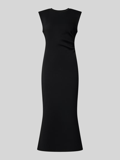 Produktfoto, figurbetontes schwarzes Midikleid mit Rundhalsausschnitt, seitliche Raffungen, Modell 'PINA' von YAS, glatte Textur