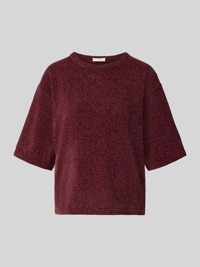 Produktfoto, bordowy damski t-shirt z imitacją dzianiny, krój relaxed fit, model 'Tempo' od FREE/QUENT, okrągły dekolt, rękaw o dł. 1/2, długość tyłu w rozmiarze S: 55 cm, długość rękawów w rozmiarze S: 26 cm