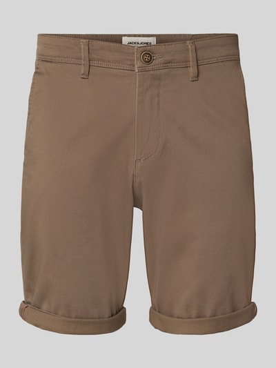 Produktfoto, Regular Fit Shorts mit Eingrifftaschen Modell 'BOWIE' von Jack & Jones aus Baumwoll-Elasthan-Mix in Braun, Umschlag, Bundweite 43 cm, Innenbeinlänge 26 cm, Herren Shorts