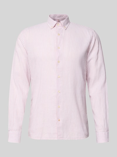 Produktfoto, Slim Fit Freizeithemd aus Leinen-Mix Modell 'Stone' von CINQUE in Rosa mit weißen Längsstreifen, Knopfleiste, Button-Down-Kragen, Langärmelig, Struktur fein, Leinen-Baumwoll-Anteil erkennbar, Rückenlänge 67 cm, Schulterbreite 43 cm, Ärmellänge 66 cm, Herren.