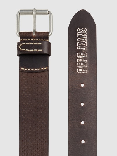 Pepe Jeans Leren riem met geborduurd logo, model 'Jake' Donkerbruin - 2