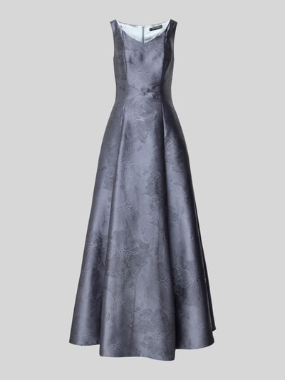 Produktfoto, Regular Fit Abendkleid mit floralen Allover-Design von Swing, krój regular fit, linia a, taliowany, bez rękawów, dekolt w serek, zamek błyskawiczny, kwiatowy wzór na całej powierzchni, długość tyłu 134 cm, szerokość w rozmiarze 36: 45 cm, kolor szary, błyszcząca tekstura