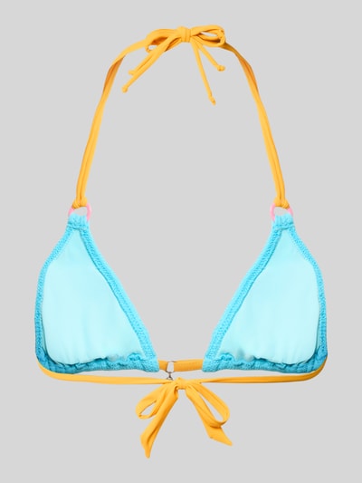 Produktfoto, Bikini-Oberteil mit Label-Detail Modell 'BRARO' od Banana Moon, mieszanka materiałów z dodatkiem streczu, dopasowany krój, wiązanie na szyi, wiązanie, kolor jasnoniebieski z żółtymi sznurkami.