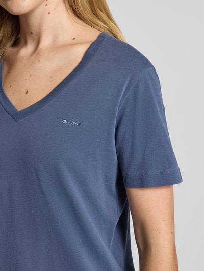 Gant T-shirt met geribde V-hals Marineblauw - 3