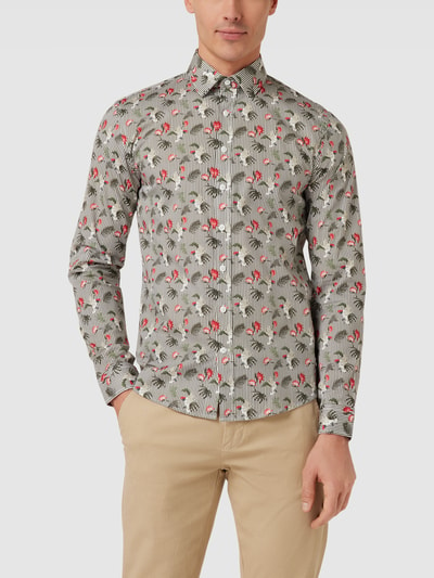 Lindbergh Slim fit vrijetijdsoverhemd met all-over motief Olijfgroen - 4