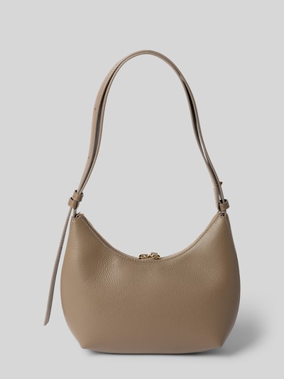 Produktfoto, Shoulder Bag aus echtem Leder mit Logo-Detail Modell 'Goccia' von FURLA in Beige, strukturierte Oberfläche, Reißverschluss, neutraler Hintergrund. Kontext: Damen Shoulder Bag, Hauptfach mit Reißverschluss, Schulterriemen 56 cm, Maße 22x23x7 cm.