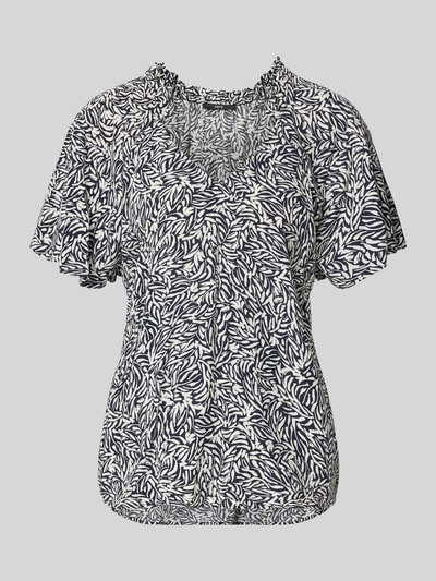 Productfoto, Blusenshirt aus Viskose im Allover-Look van Zero, regular fit, V-hals, witte en donkerblauwe bladprint, pure viscose, ruglengte maat 36: 56 cm