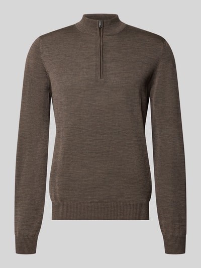 Produktfoto, Regular Fit Sweatshirt aus reiner Schurwolle mit Troyer-Kragen von MAERZ Muenchen, brązowy sweter z elastycznymi ściągaczami, krój regular fit, długość pleców 69 cm, długość rękawa 68 cm