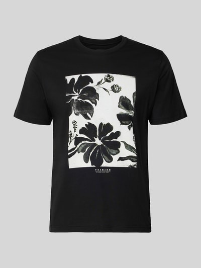 Produktfoto, schwarzes T-Shirt mit weißem, floralem Motiv-Print, Modell 'LUCAS' von Jack & Jones Premium, reine Baumwolle, Slim Fit, Rundhalsausschnitt