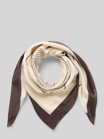 Produktfoto, Tuch aus Modal-Seide-Mix im Allover-Look von Comma in quadratischer Form, cremefarbene und braune Flächen, glatte Textur, Label-Detail, Breite 90 cm, Länge 90 cm