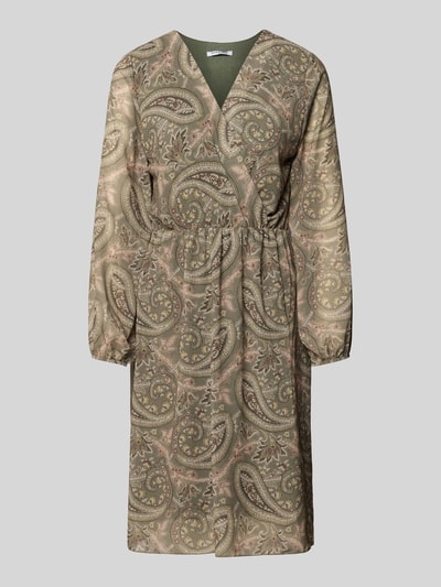 Produktfoto, Knielanges Kleid mit V-Ausschnitt Modell 'Th44ea' von ZABAIONE aus Chiffon mit Allover-Paisleymuster in Beige- und Grüntönen, A-Linie, Damen Kleid