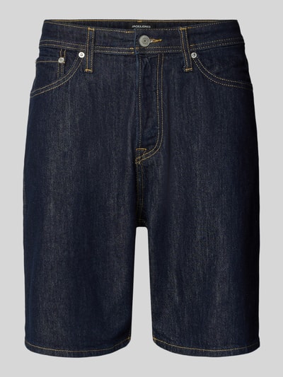 Produktfoto, Relaxed Fit Jeansshorts Modell 'TONY' von Jack & Jones aus dunkelblauem Baumwoll-Elasthan-Mix mit Eingrifftaschen, Bundweite 42 cm, Innenbeinlänge 21 cm, Herren
