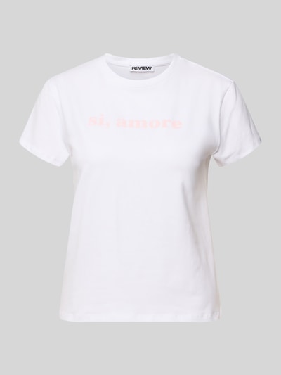 Produktfoto, T-Shirt mit Print und Rundhalsausschnitt von REVIEW in Weiß, Baumwoll-Elasthan-Mix, Regular Fit, Frontprint-Slogan