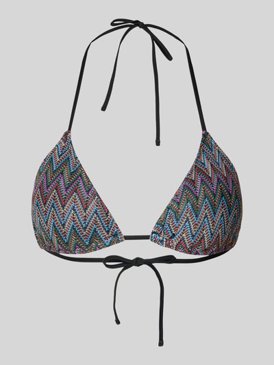Produktfoto, Bikini-Oberteil mit Allover-Muster von Pieces, Optik:Allover-Muster, Trägerform: Neckholder, ohne Bügel, Vorgeformt, Gefüttert, Herausnehmbare Cups, Verschluss: Schnürung, bunte Zickzack-Formen, feine Textur