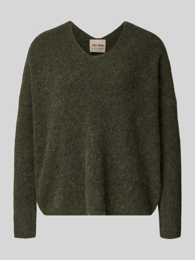 MOS MOSH Oversize sweter z dzianiny z mieszanki wełny i alpaki model „THORA” Oliwkowy 2