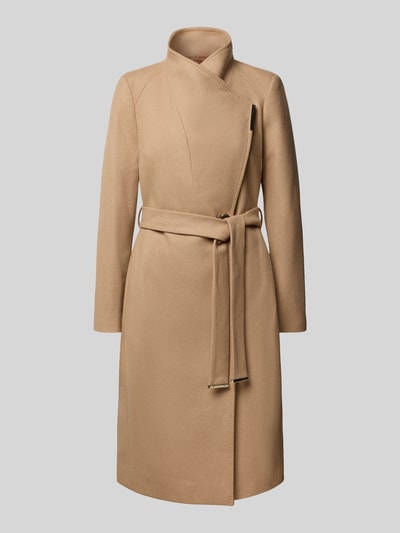 Produktfoto, lange jas met strikceintuur Model 'ROSE' van Ted Baker, slim fit, opstaande kraag, knoopsluiting, labeldetail, camel, zachte stof, ruglengte maat 36: 105 cm, schouderbreedte: 40 cm, borstwijdte: 45 cm, mouwlengte: 63 cm.
