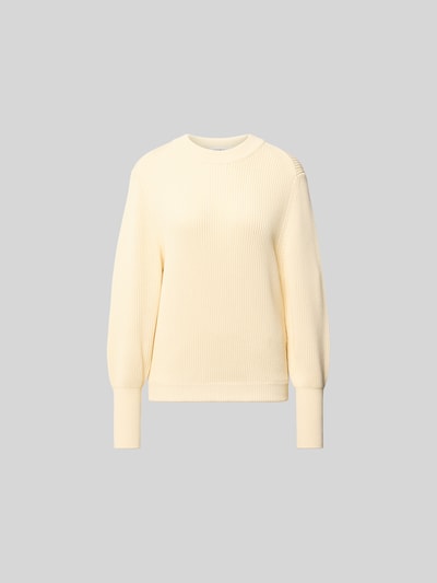 Produktfoto, Relaxed Pullover mit Viskose-Anteil von Victoria Beckham in Beige, Strick-Optik, breite Ärmelabschlüsse, Rundhalsausschnitt, Relaxed-Fit, Baumwoll-Mix mit Viskose-Anteil, Rückenlänge 59 cm, Brustweite 53 cm, Ärmellänge 65 cm, Damen