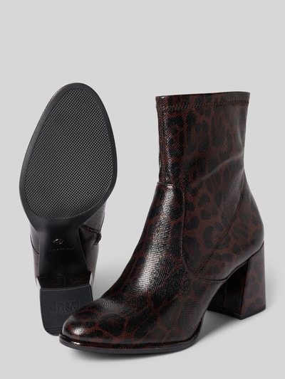 Produktfoto, Stiefeletten in Velours-Optik von Tamaris für Damen mit braun-schwarzem Leopardenmuster, mittelhoher Blockabsatz, strukturierte Oberfläche