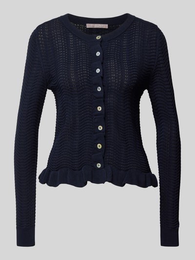 Produktfoto, Strickjacke mit Rundhalsausschnitt und Wellensaum van Christian Berg Woman Selection, regular fit, materiaalmix met viscose, knoopsluiting, golvende zoom, navyblauw, textuur met golfpatroon