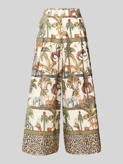 Produktfoto, Wide Leg Hose im Allover-Look von MORE, farbiges Tropen- und Tiermuster, Reine Baumwolle, Elastischer Bund, Größe 36, Innenbeinlänge 63 cm.