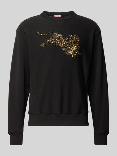 Produktfoto, schwarzes Sweatshirt aus reiner Baumwolle von Kenzo mit gerader Passform, Stehkragen, Pailletten-Motiv-Print und gerippten Abschlüssen.