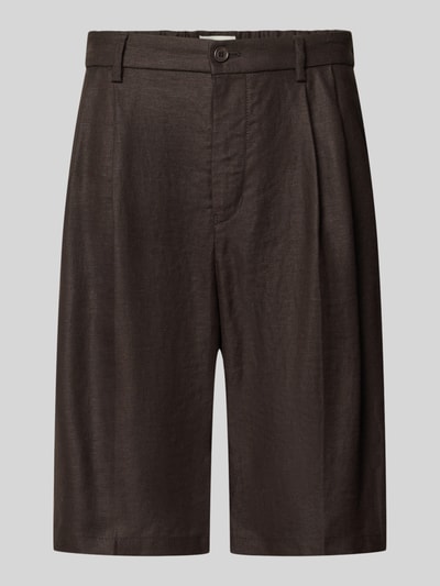 Produktfoto, brązowe Leinenshorts aus reinen Leinen od Drykorn, luźny krój, kieszenie, zapięcie na guzik i suwak, kellerfałdy, szerokość w rozmiarze 33: 44 cm, długość nogawki wewnętrznej: 25 cm, tekstura lniana