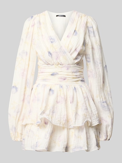 Produktfoto, Minikleid aus Viskose-Mix mit V-Ausschnitt von Gina Tricot, Taillierte Passform, Floraler-Print, Langärmelig, Raffung, strukturierte leichte Textur, sanfte Pastellfarben, Rückenlänge 84 cm, Brustweite 42 cm, Ärmellänge 70 cm, Damen