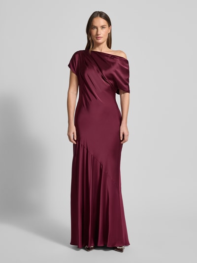 Frauenmodel trägt One-Shoulder-Abendkleid aus Satin Modell 'NEAGAN' von Lauren Ralph Lauren in A-Linie als Maxikleid, Ganzkörperansicht von vorne.