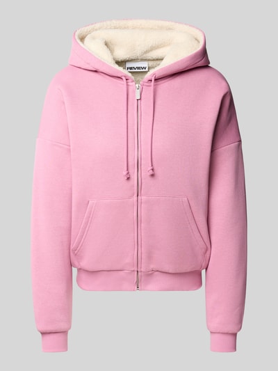 Produktfoto, Relaxed Fit Sweatjacke aus Baumwoll-Mix mit Teddyfutter von REVIEW in Rosa, Kapuze, Känguru-Tasche, elastische Abschlüsse