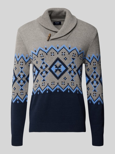 Produktfoto, Slim Fit Strickpullover aus Baumwoll-Mix mit Troyer-Kragen von MCNEAL in Grau und Dunkelblau mit Muster, langärmliges Design, gerippte Abschlüsse, Rückenlänge 68 cm, Ärmellänge 72 cm, überschnittene Schultern
