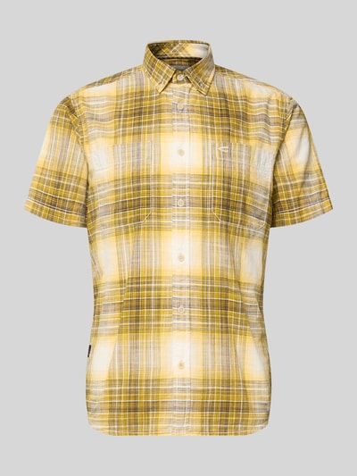 Produktfoto, Slim Fit Freizeithemd mit Logo-Stitching van camel active, geel-bruine ruit, puur katoen, borstzak, met korte mouwen, button-downkraag, knoopsluiting, ruglengte maat M 75 cm, schouderbreedte 46 cm, mouwlengte 25 cm